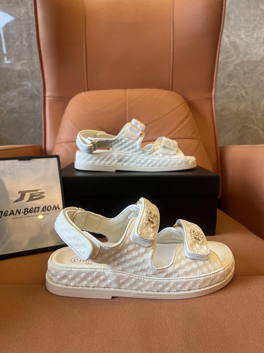 Chanel Dad Sandals CC White Grained Calfskin