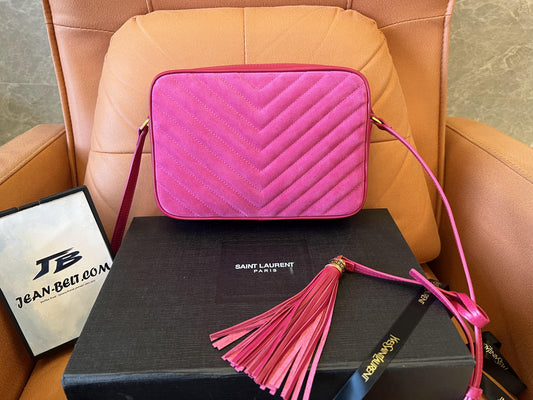 Saint Laurent women lou camera bag in quilted suede and smooth leather-pink
