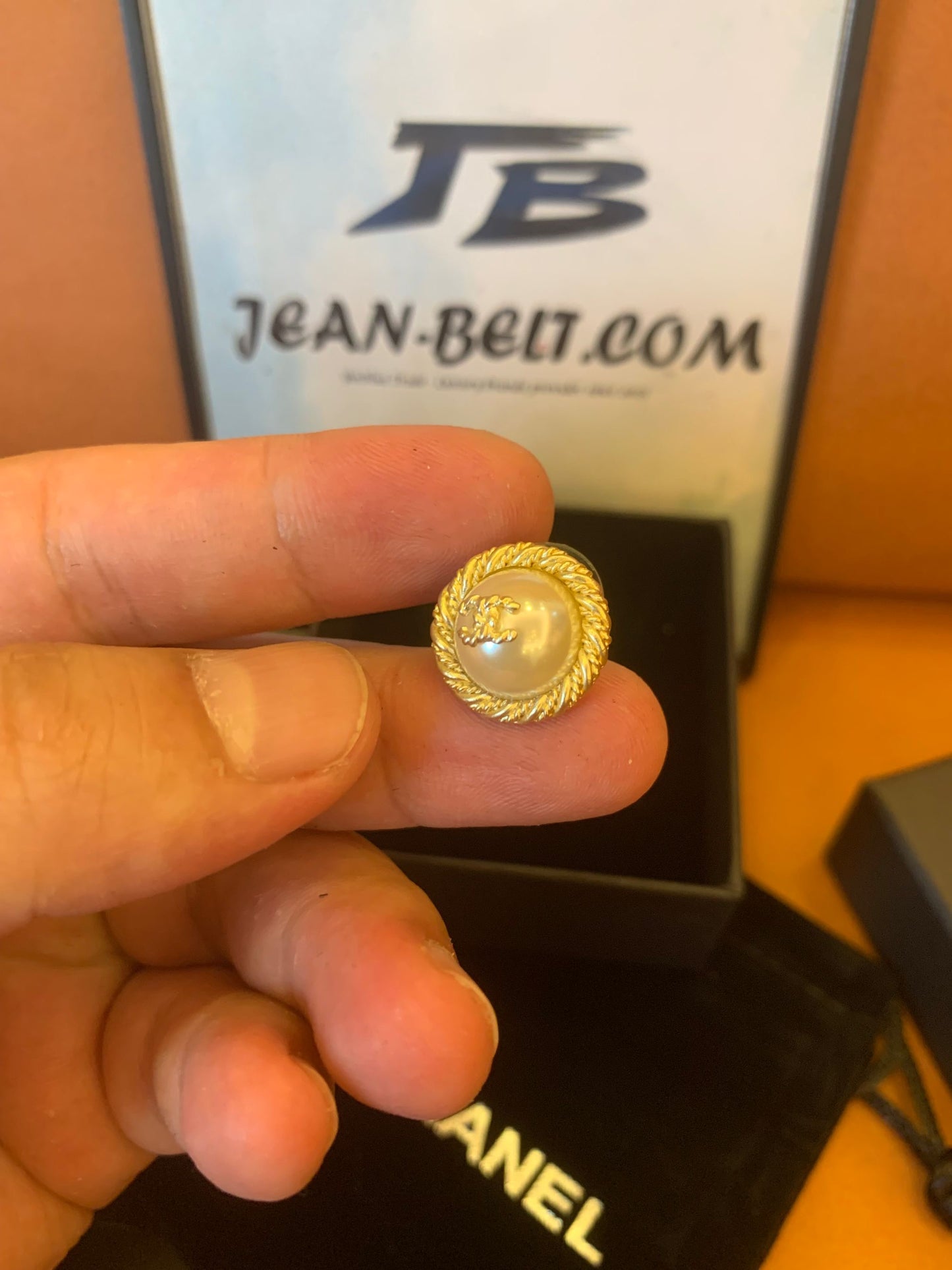 Chanel Pearl and Gold Stud Earrings with Crystal Accent