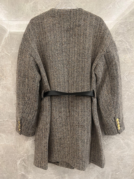 Celine Herringbone Wool Coat with Gold Button Detail and Belt