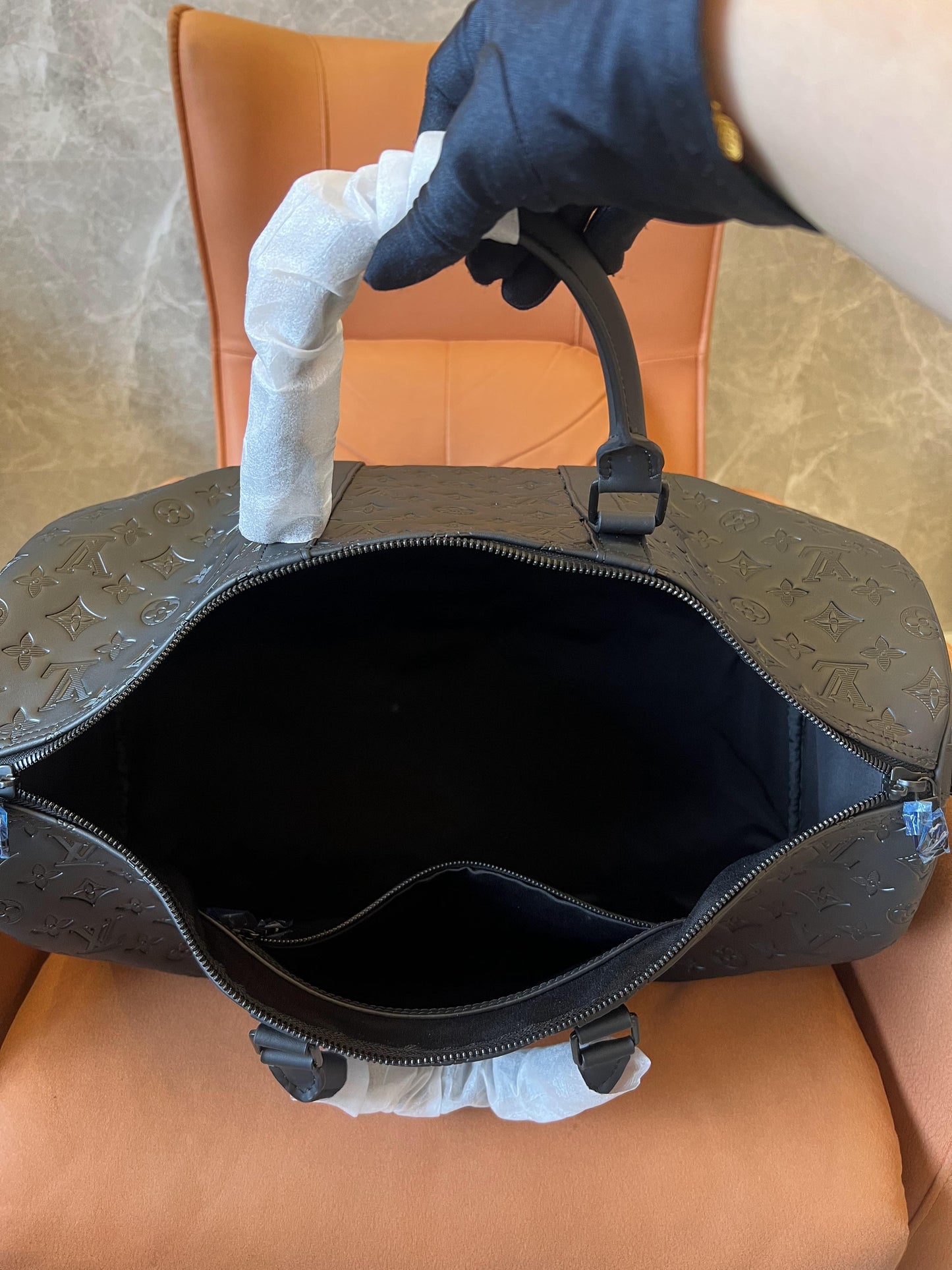 Louis Vuitton Black Embossed Leather Travel Duffle Bag