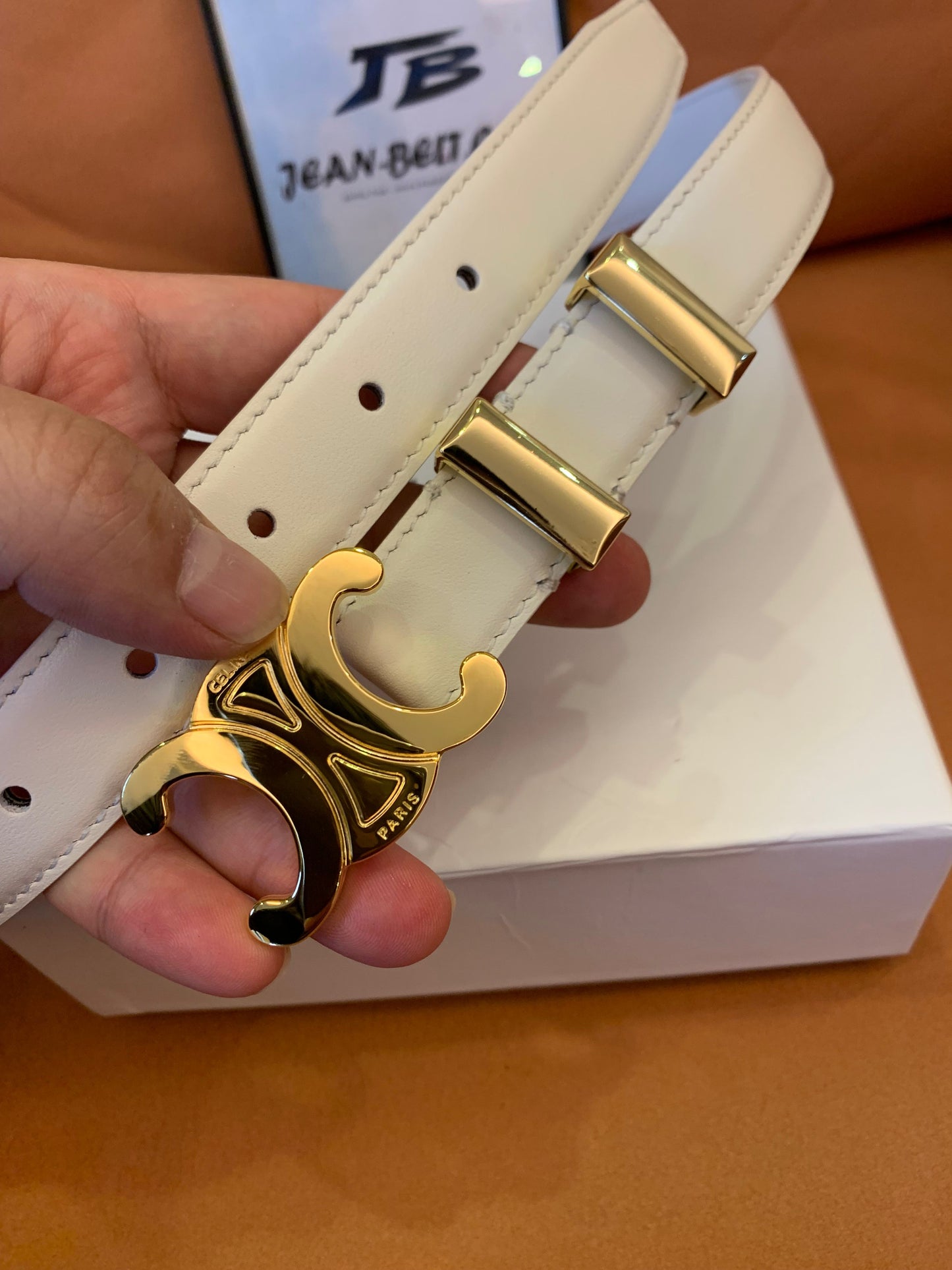Celine Triomphe Belt in Smooth Calfskin with Gold Buckle – Available in White and Black