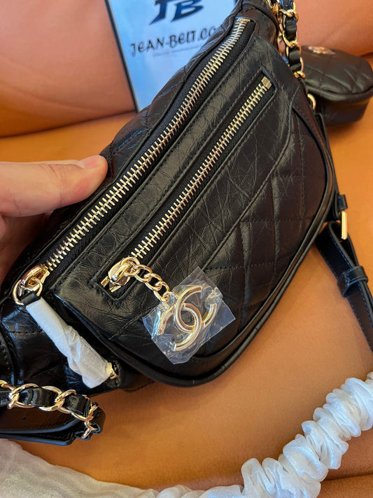 Chanel Aged Calfskin Quilted Waist Bag with Coin Purse Black