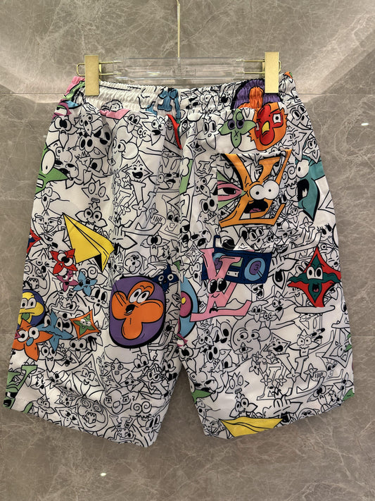 Pantalones cortos con estampado de dibujos animados de Louis Vuitton: diseño gráfico divertido en colores vibrantes