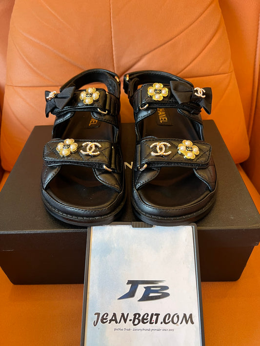 Chanel Dad Sandals with Bows and Pearls Black
