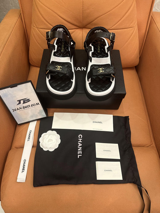 Chanel Lambskin Logo Platform Sandals Black White