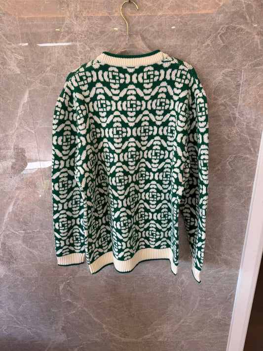 Casablanca Green & White Geometric Knit Sweater with Logo Patch