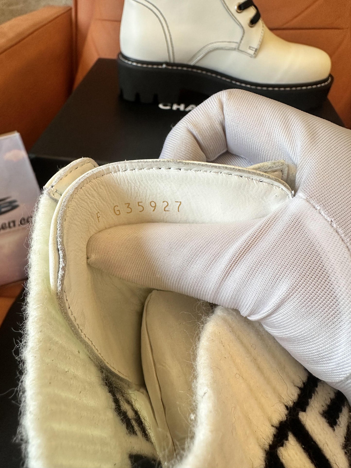 Chanel White Combat Boots with Ribbed Knit Logo Socks