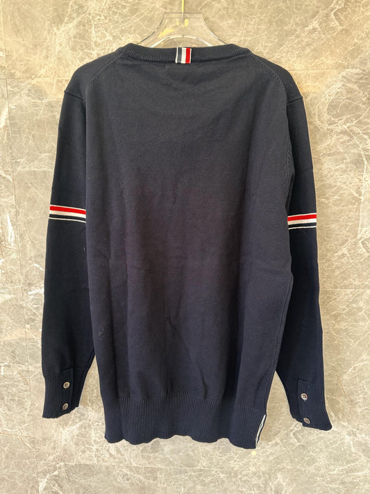 Thom Browne classic navy sweater with signature stripe detail