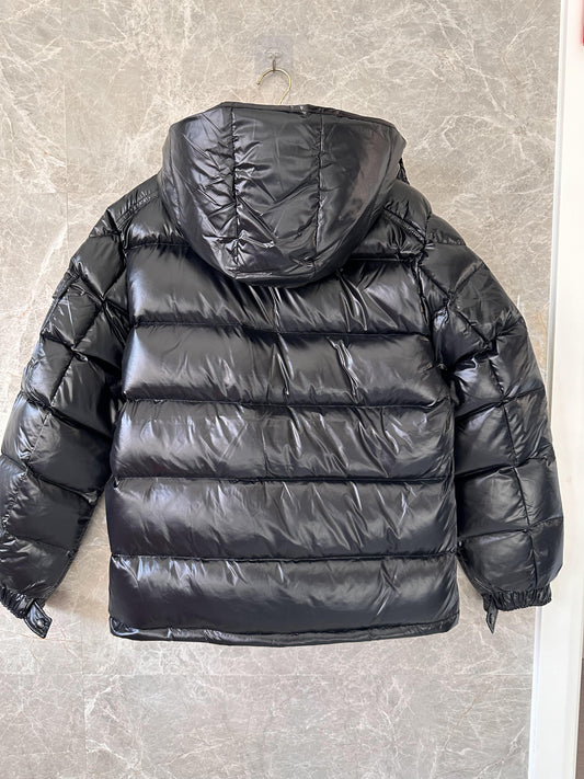 Moncler black shiny hooded down puffer jacket