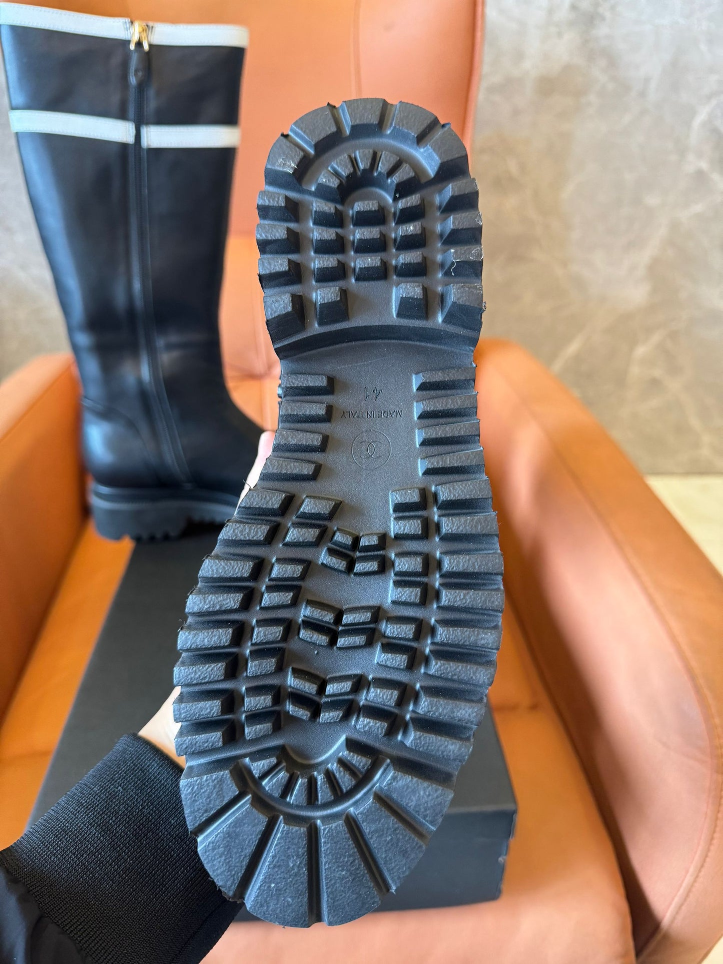 Chanel Rubber Logo Rain Boots Black White