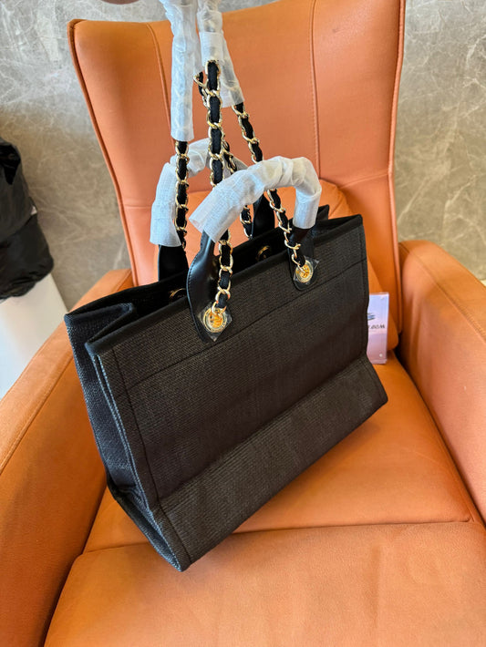Chanel Deauville Tweed/Leather Black Large Shopping Bag