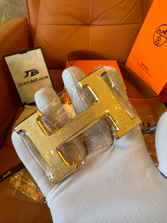 Hermes Martelee buckle & reversible leather strap belts orange gold