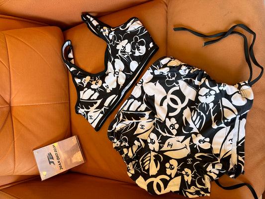 Chanel Bikini White Black Flower 2 Piece Swimsuit