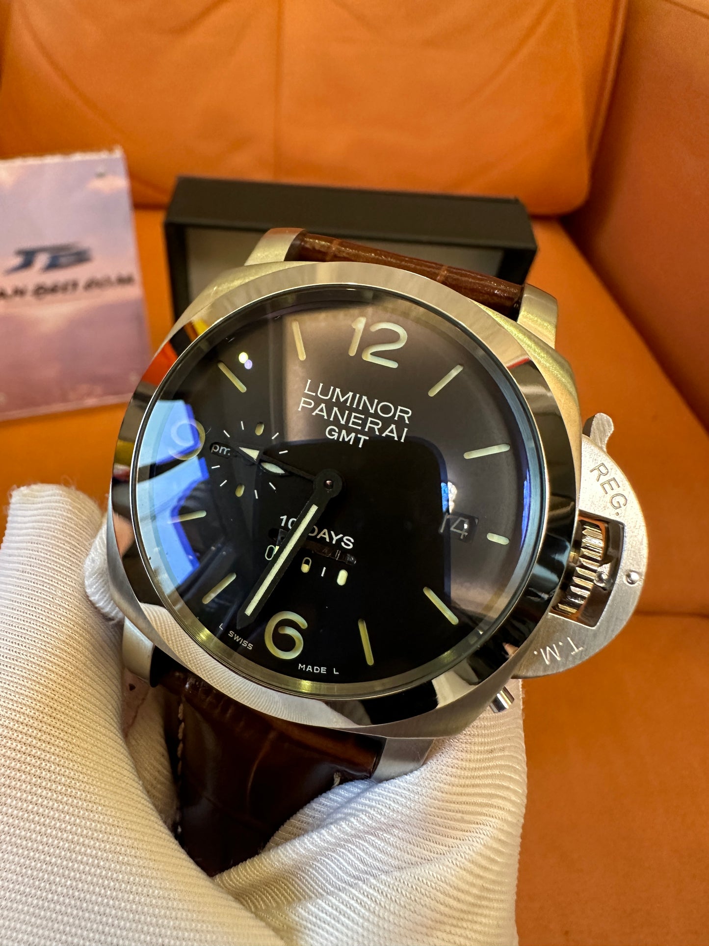 Panerai Luminor GMT 10 Days Automatic Watch with Brown Leather Strap
