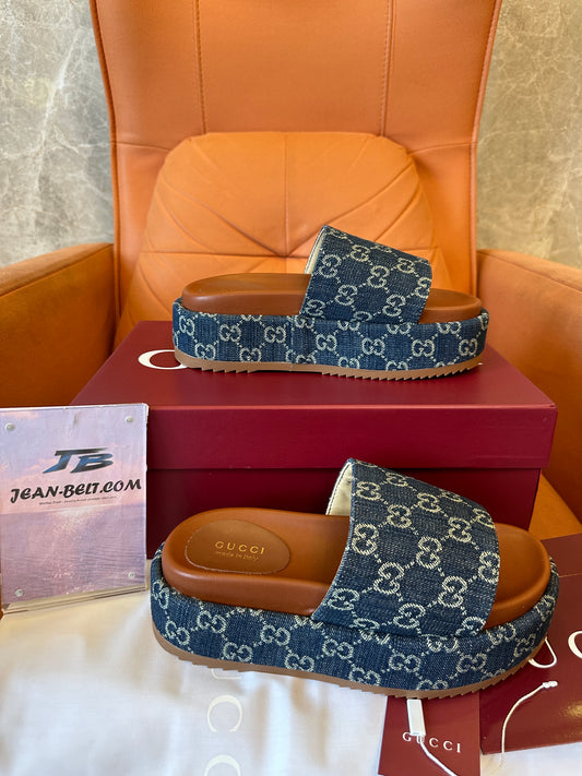 Gucci Denim Platform Slide Sandals – Blue Monogram