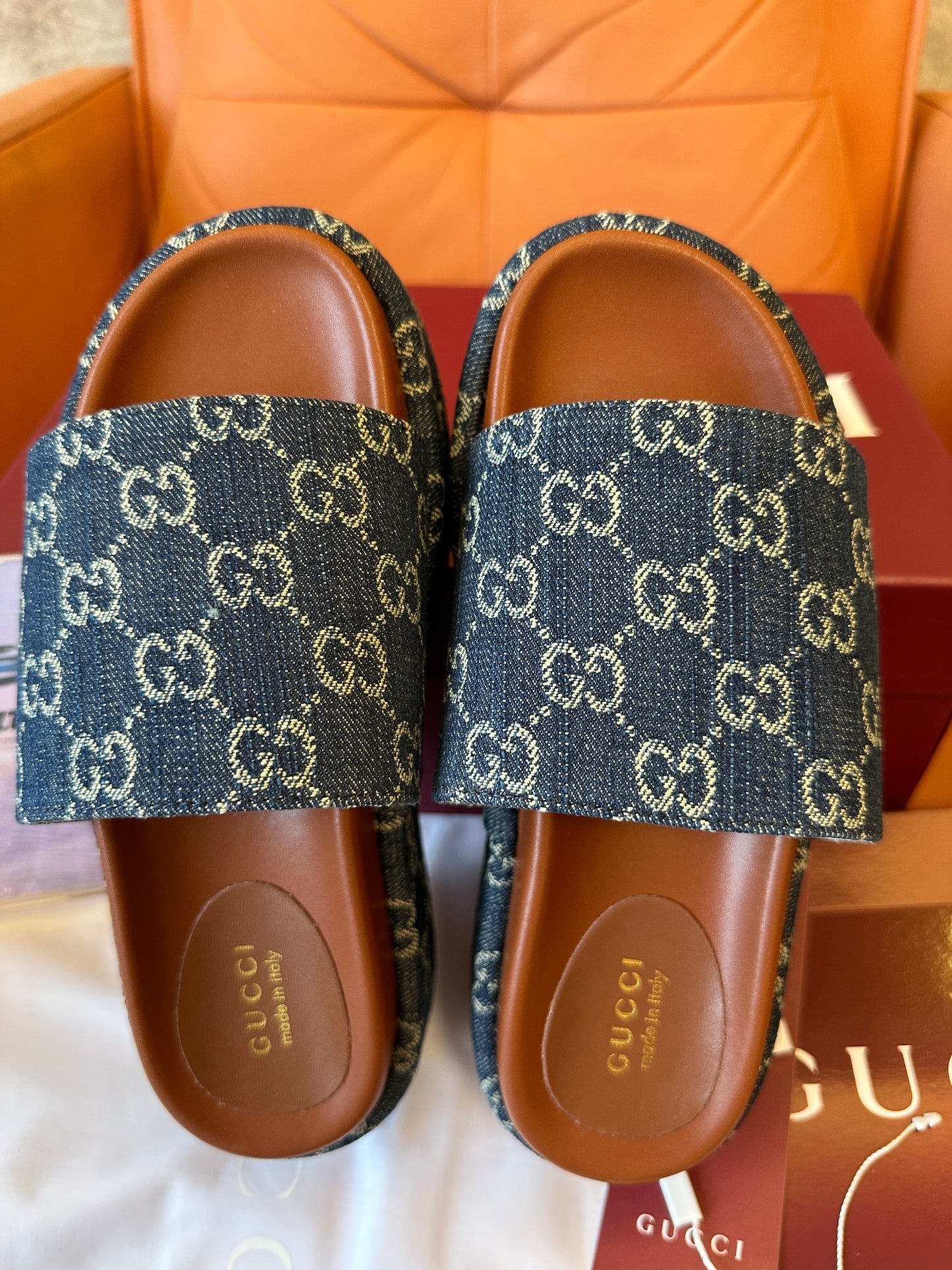 Gucci Denim Platform Slide Sandals – Blue Monogram