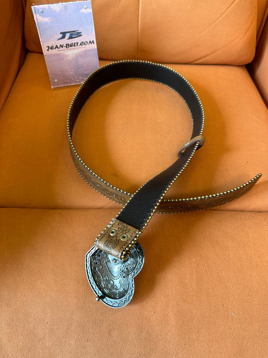 Brown Leather Belt with Heart Buckle and Engraved Design