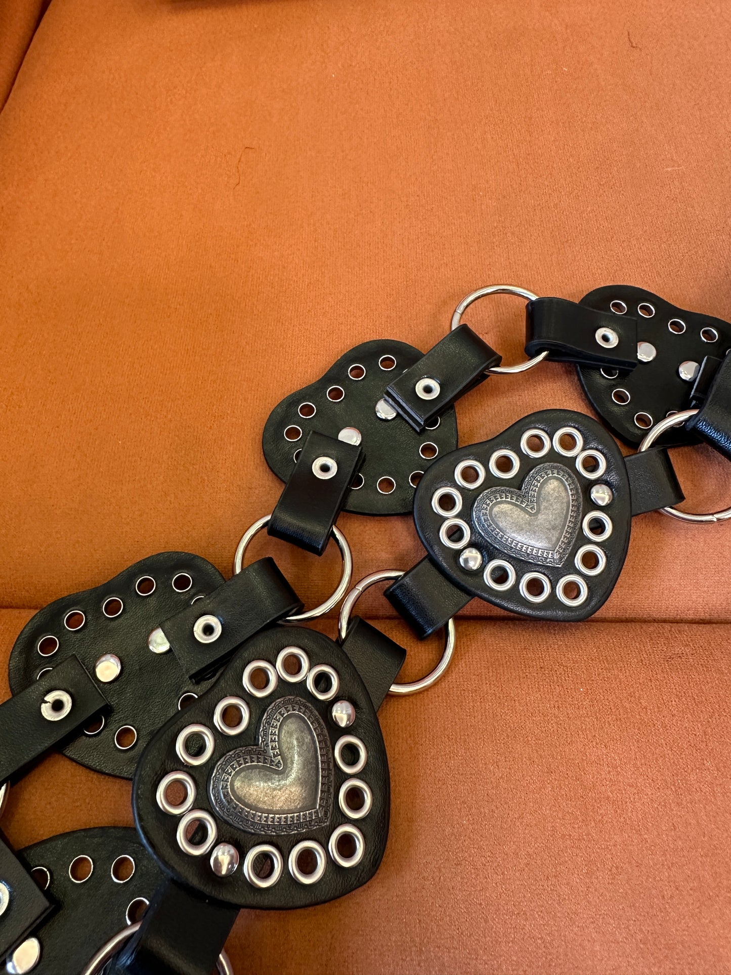 Vintage Black Leather Belt with Heart Shaped Buckles and Metal Rings