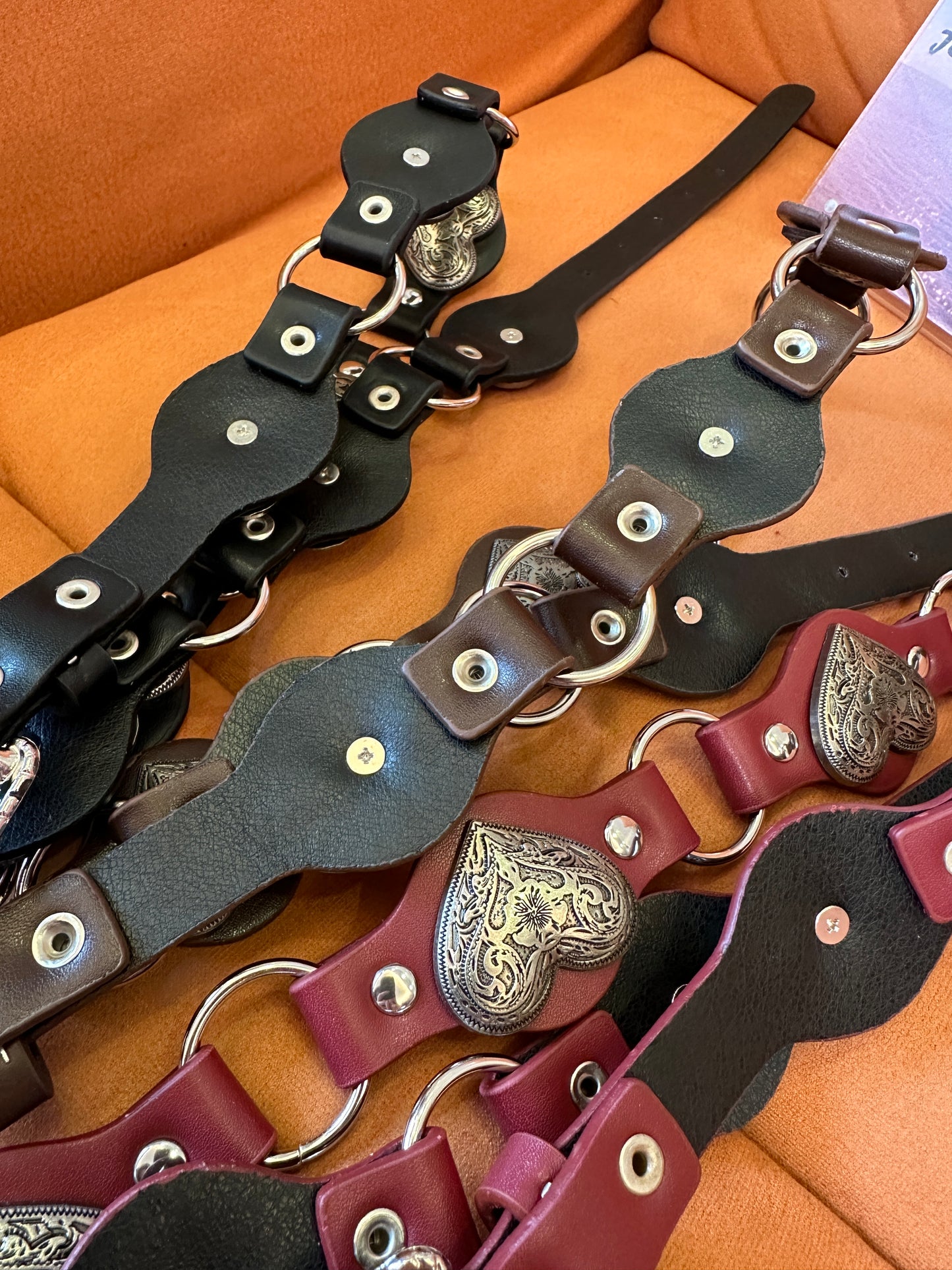 Vintage Heart Link Leather Belt with Metal Rings and Stud Detail