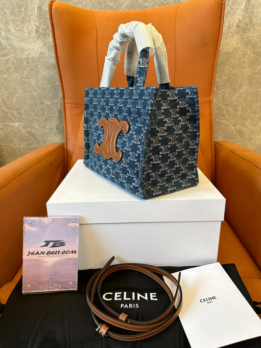 CELINE Triomphe Denim Tote Bag Blue Canvas Tan Leather Logo Handbag