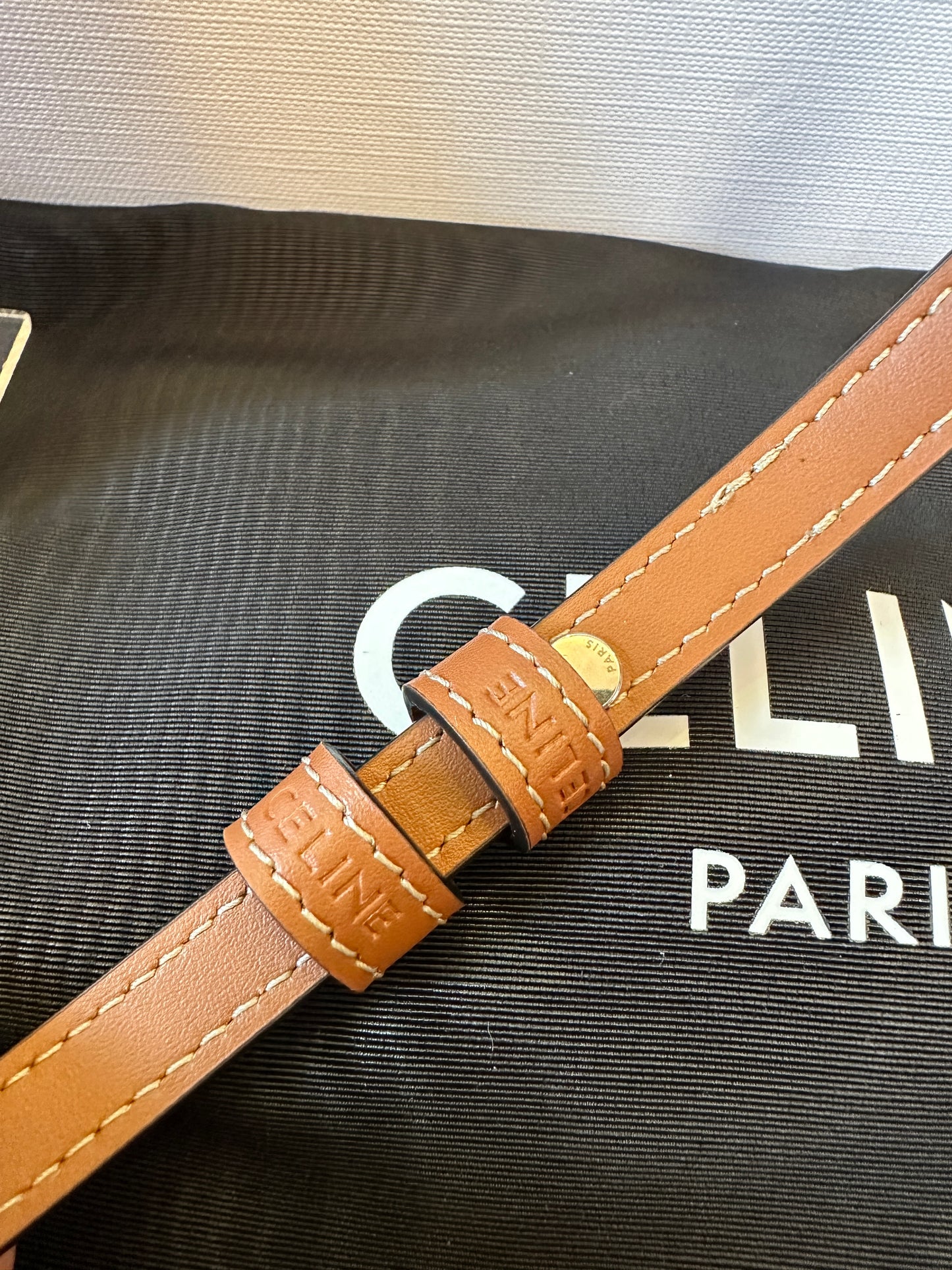 CELINE Triomphe Denim Tote Bag Blue Canvas Tan Leather Logo Handbag