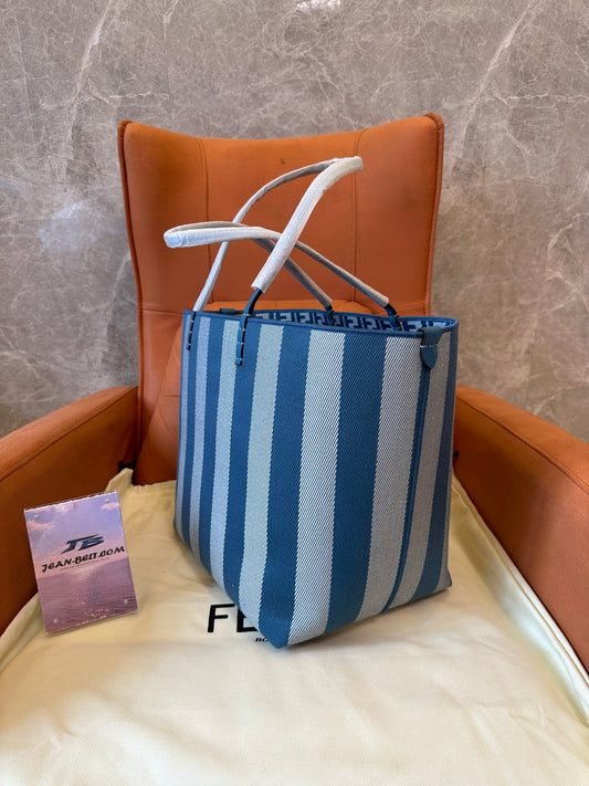 FENDI FF Stripe Canvas Tote Bag Blue Large Shopper Shoulder Bag