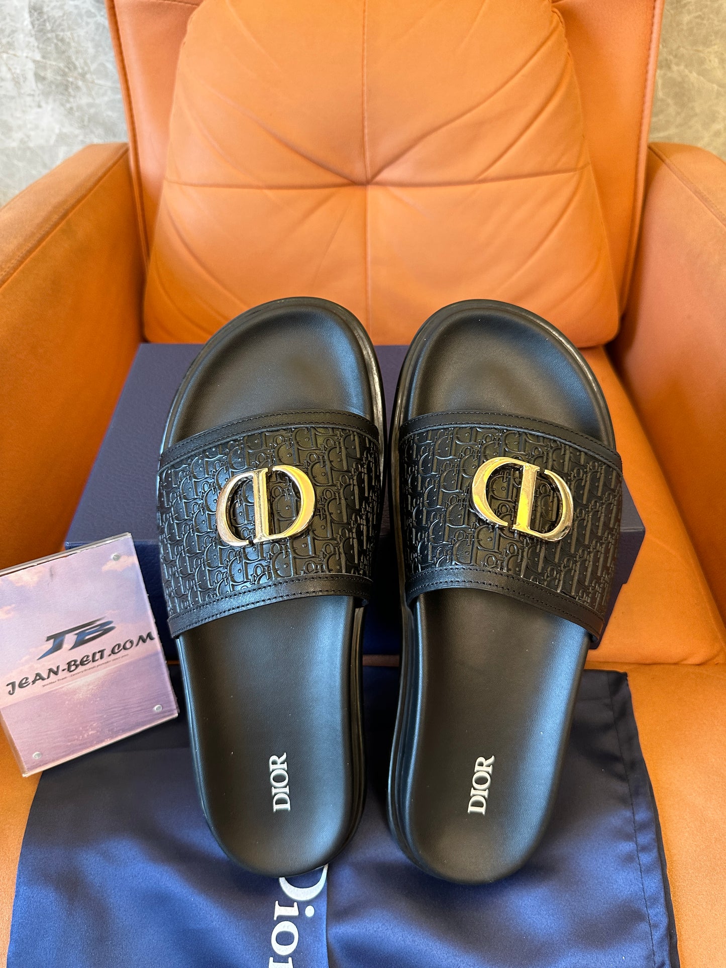 Dior CD Diamond Embossed Logo Slides - Black Rubber Sandals