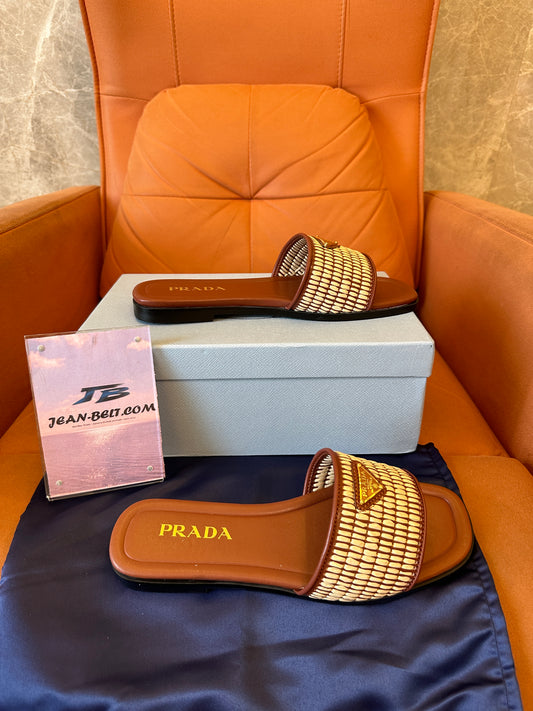 Prada Women's Raffia Woven Slide Sandals – Brown and Beige