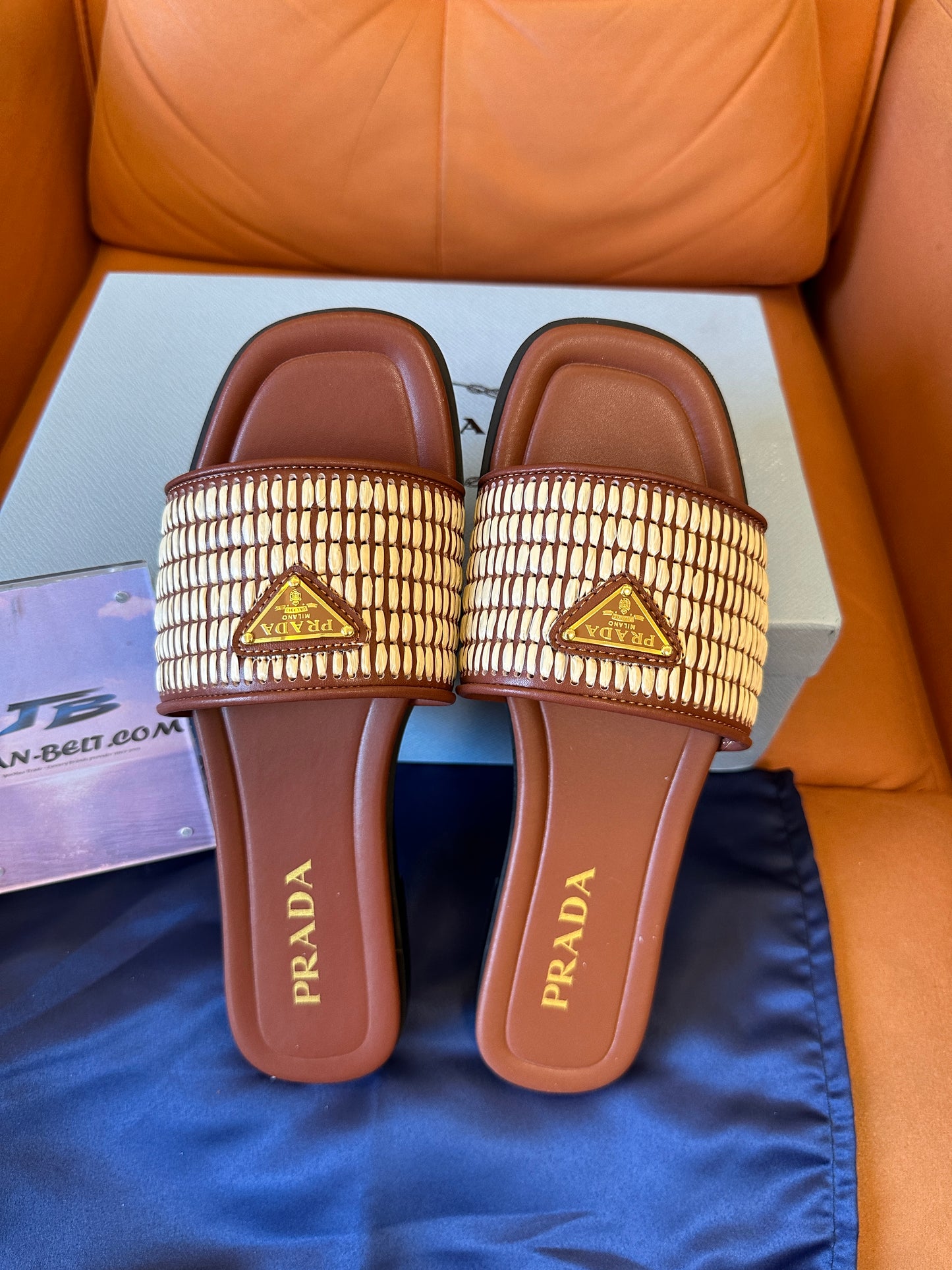 Prada Women's Raffia Woven Slide Sandals – Brown and Beige