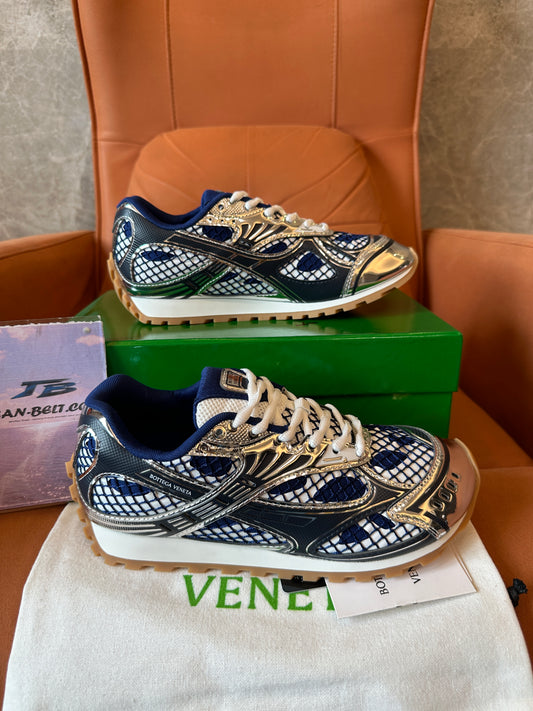 Bottega Veneta Mesh Panel Sneakers Blue White Silver Low-Top Trainers