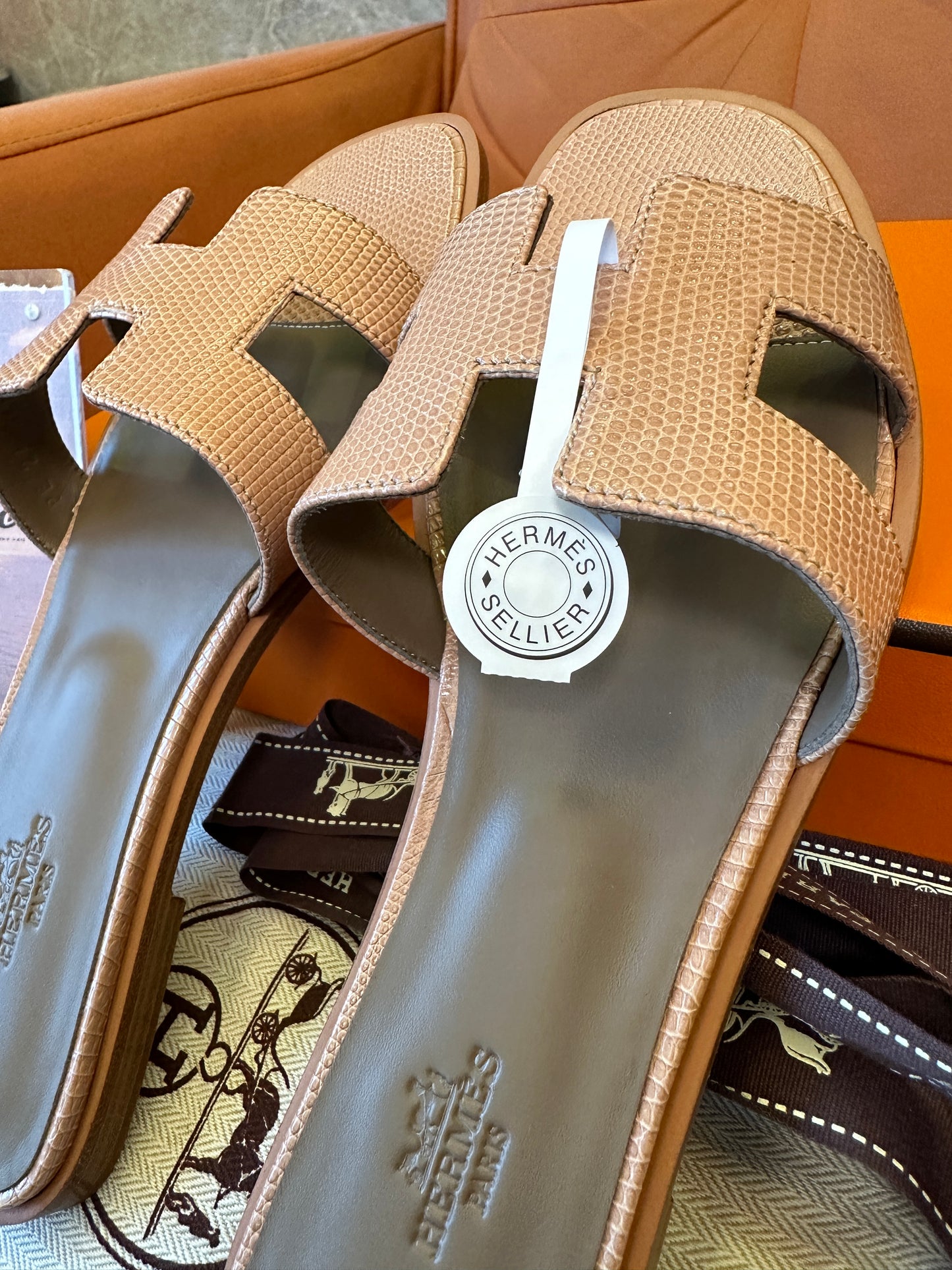 Hermes Lizard Skin H Cut Flat Slide Sandals Handcrafted Luxury Summer Slippers