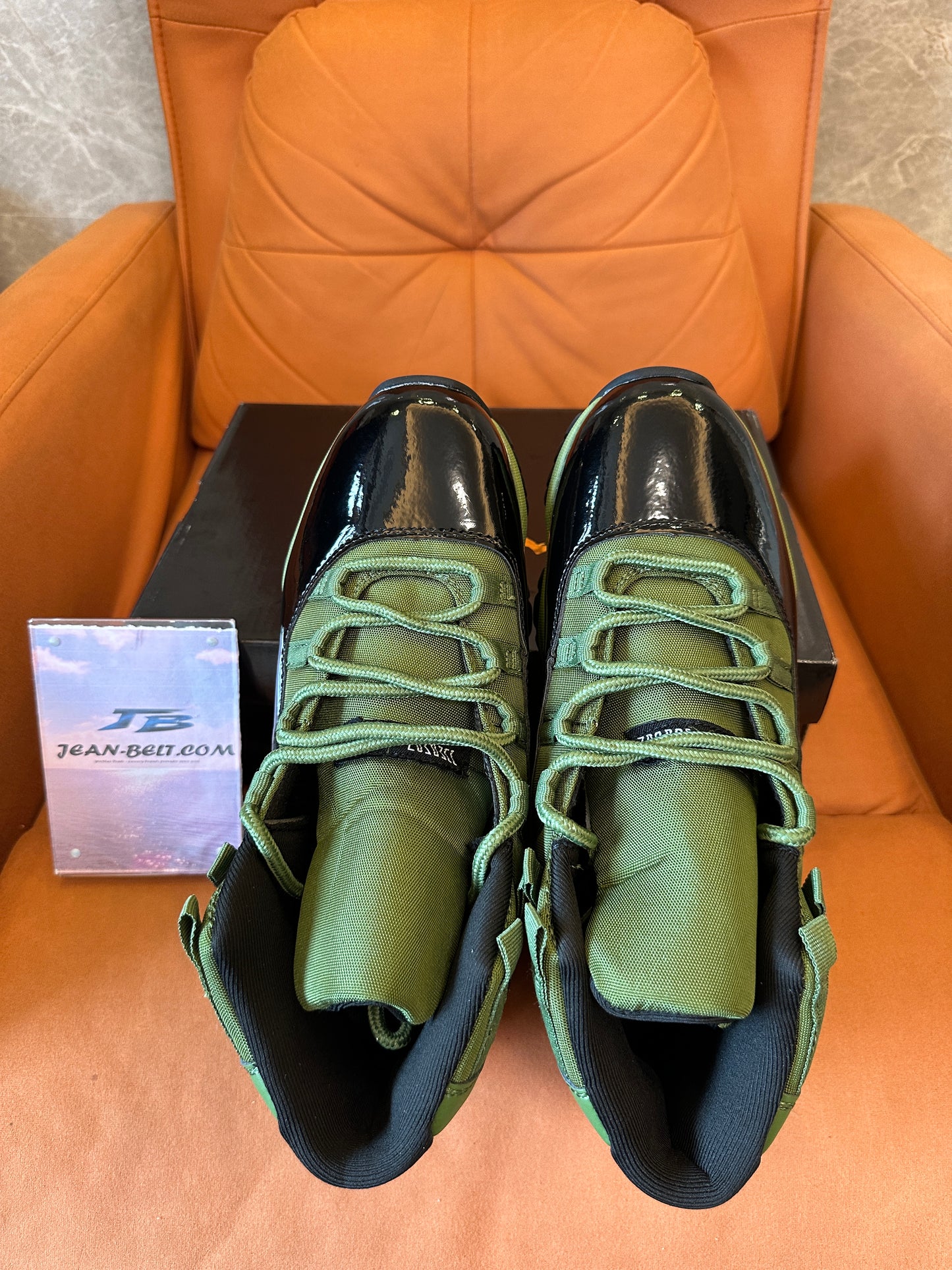 Air Jordan 11 Low Olive Green Black Patent Leather Basketball Sneakers