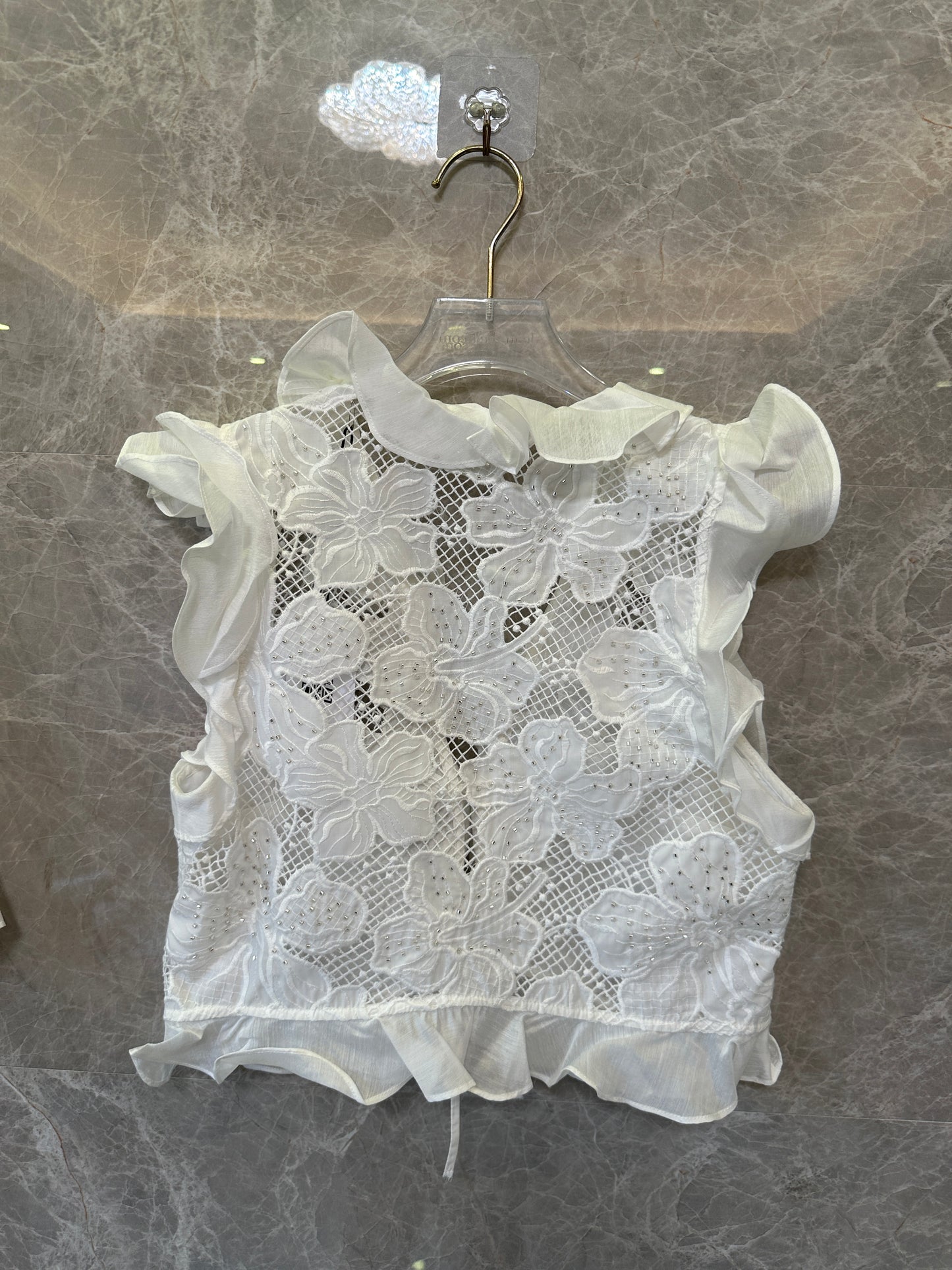 Sandro Embroidered Lace Two-Piece Set – Ruffle Tie Vest & Layered Mini Skirt
