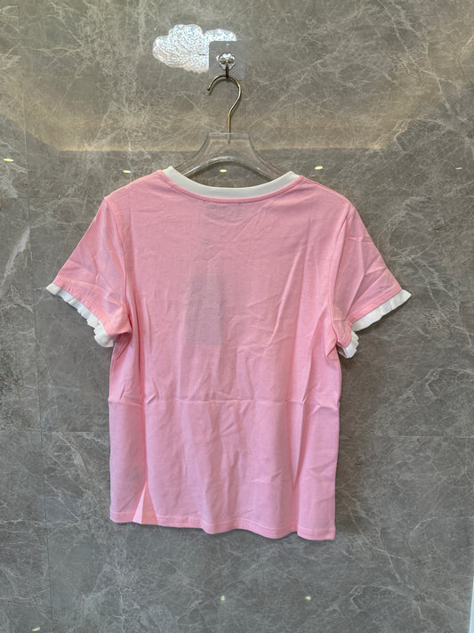 Gucci Pink Logo T-Shirt Women Short Sleeve Ruffle Trim Casual Tee Summer Top