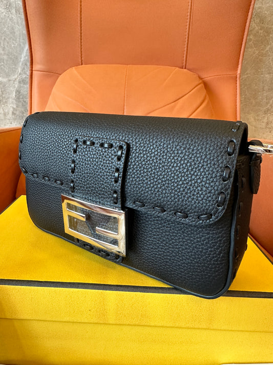Fendi Mini Baguette Bag in Black Leather with Silver FF Logo