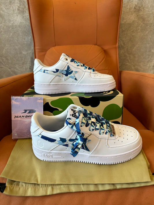 BAPE STA Low Blue Camo Star Sneakers White Leather Classic Skate Shoes Unisex