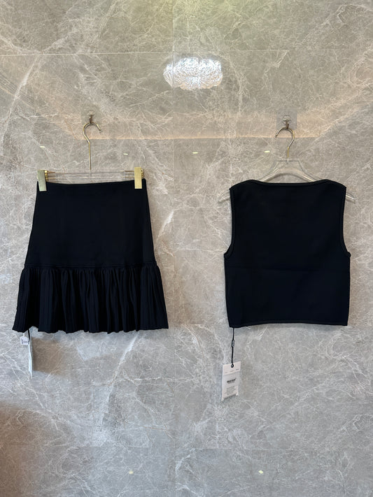 Sandro Button Detail Knit Top & Pleated Mini Skirt Set