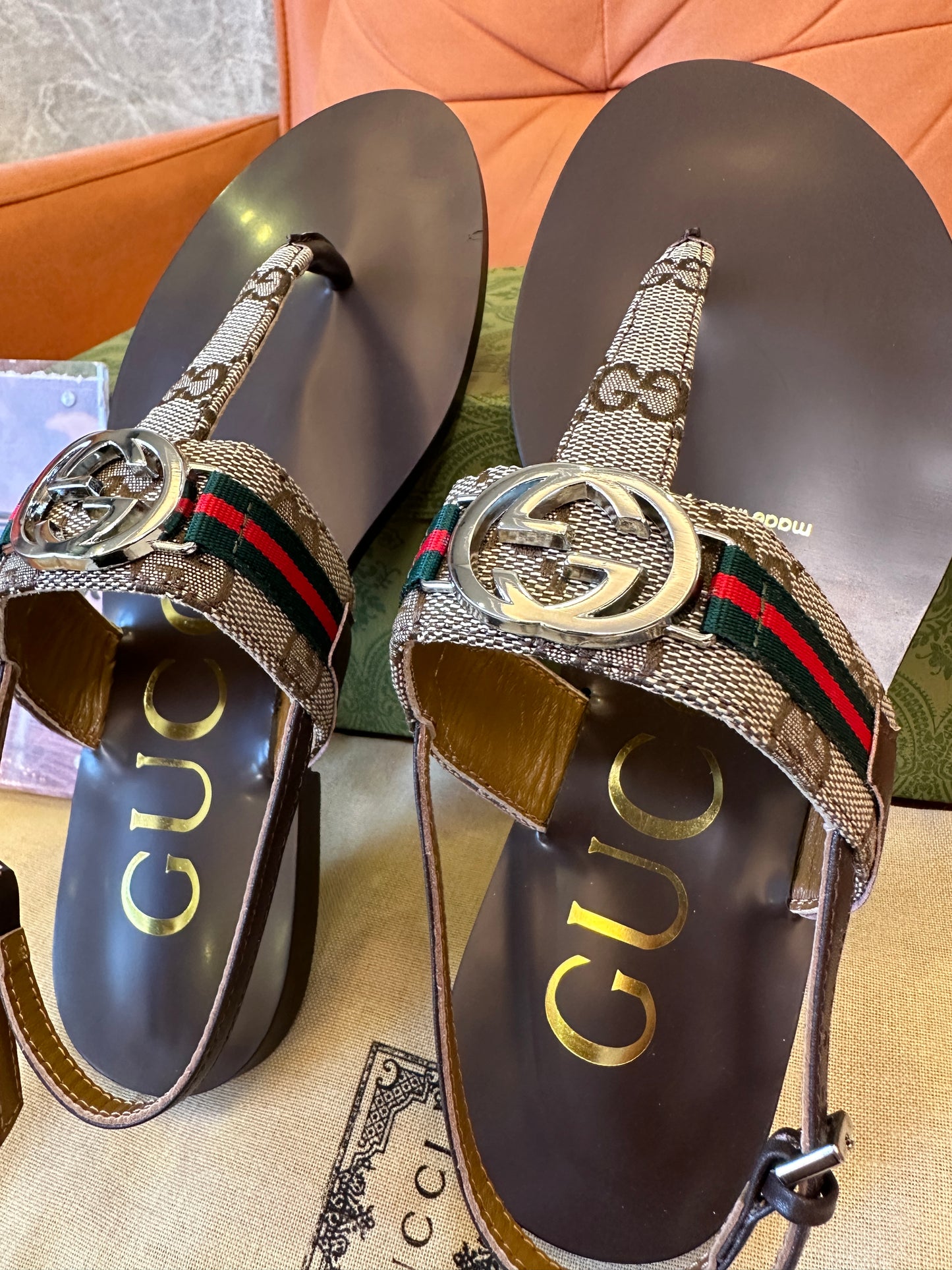 Gucci GG Web Thong Sandals Brown
