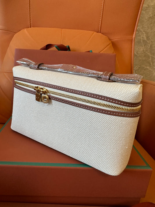 Loro Piana canvas zipper clutch bag – ivory beige with leather trim