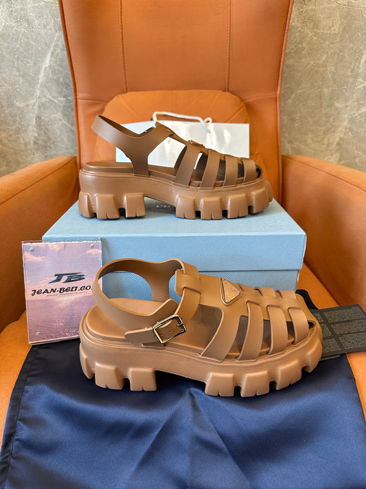 Prada Monolith Caged Leather Sandals Caramel Brown