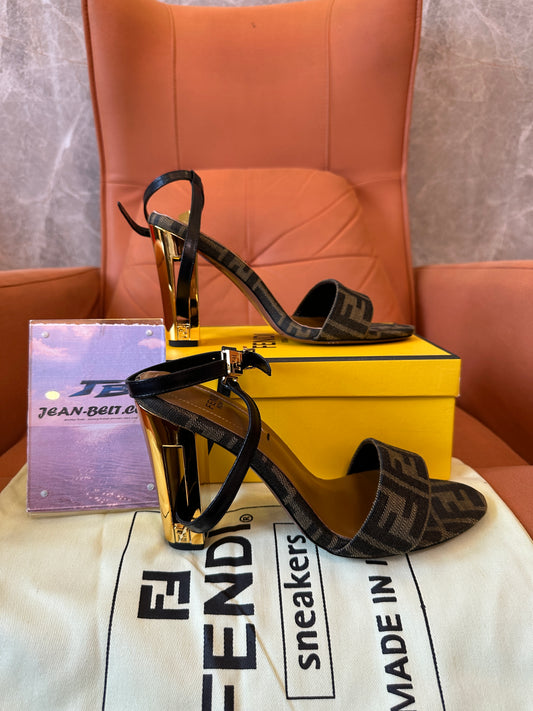 Fendi FF Logo Heeled Sandals Brown