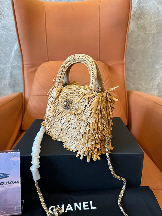 Chanel Raffia Fringe Mini Top Handle Bag Natural