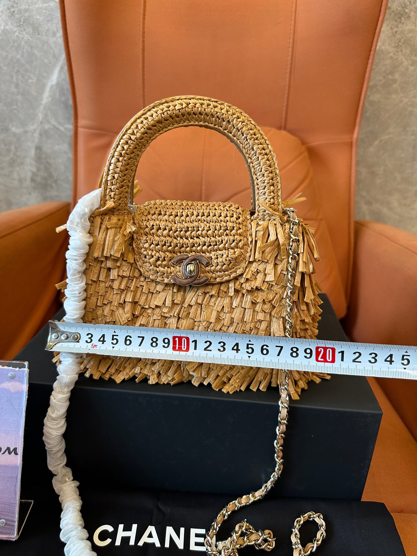 Chanel Raffia Fringe Mini Top Handle Bag Natural