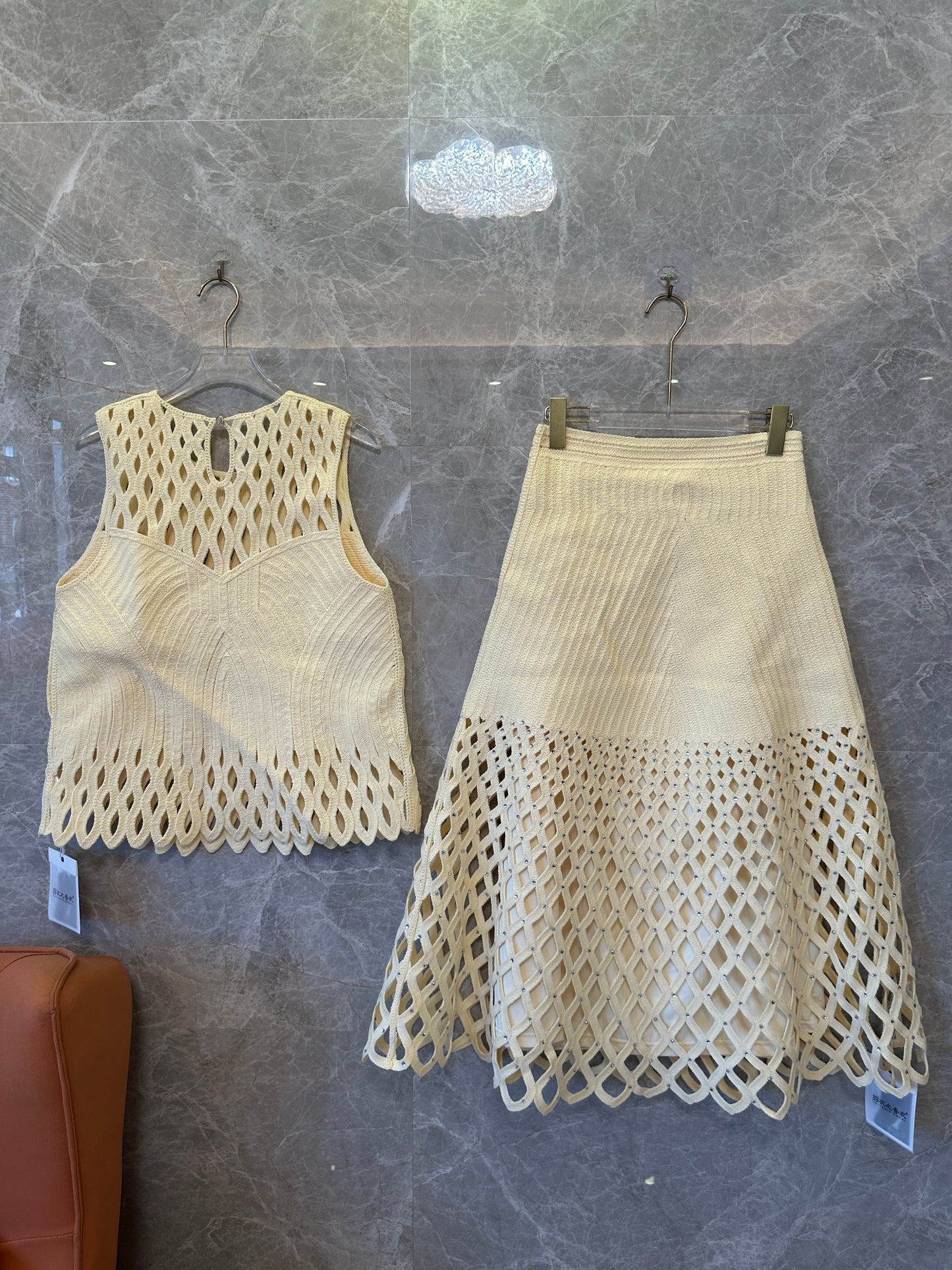Maje Cream Yellow Openwork Knit Top & Midi Skirt Set