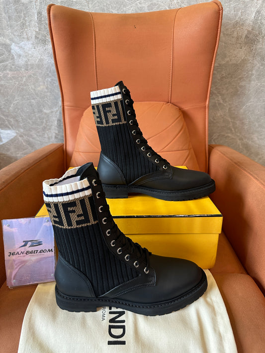 Fendi Black Leather & Knit Logo Combat Boots