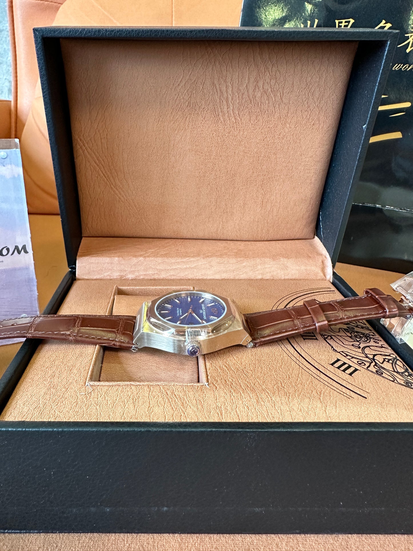 Girard-Perregaux Laureato Automatic 18K Rose Gold Blue Dial Brown Leather Strap Men’s Watch
