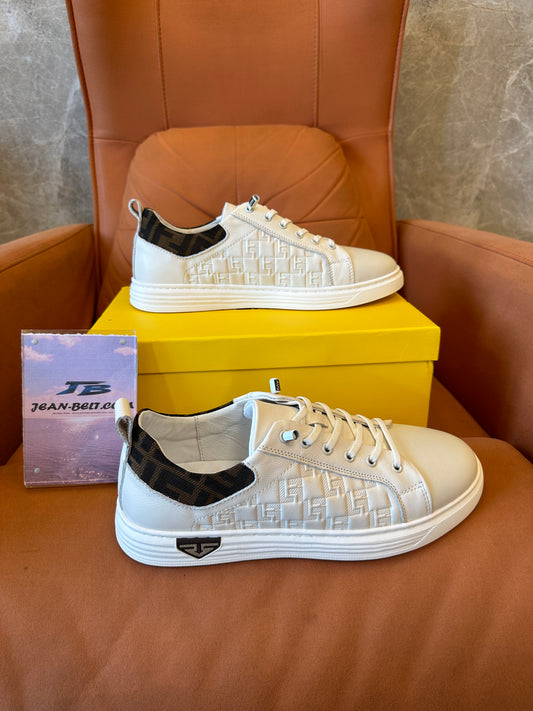 Fendi FF Logo Embossed Leather Sneakers White
