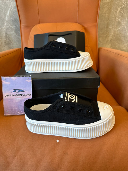 Chanel CC Logo Black White Platform Sneakers