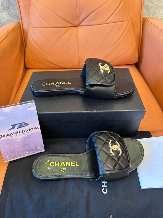 Chanel CC Logo Quilted Black Slide Sandals